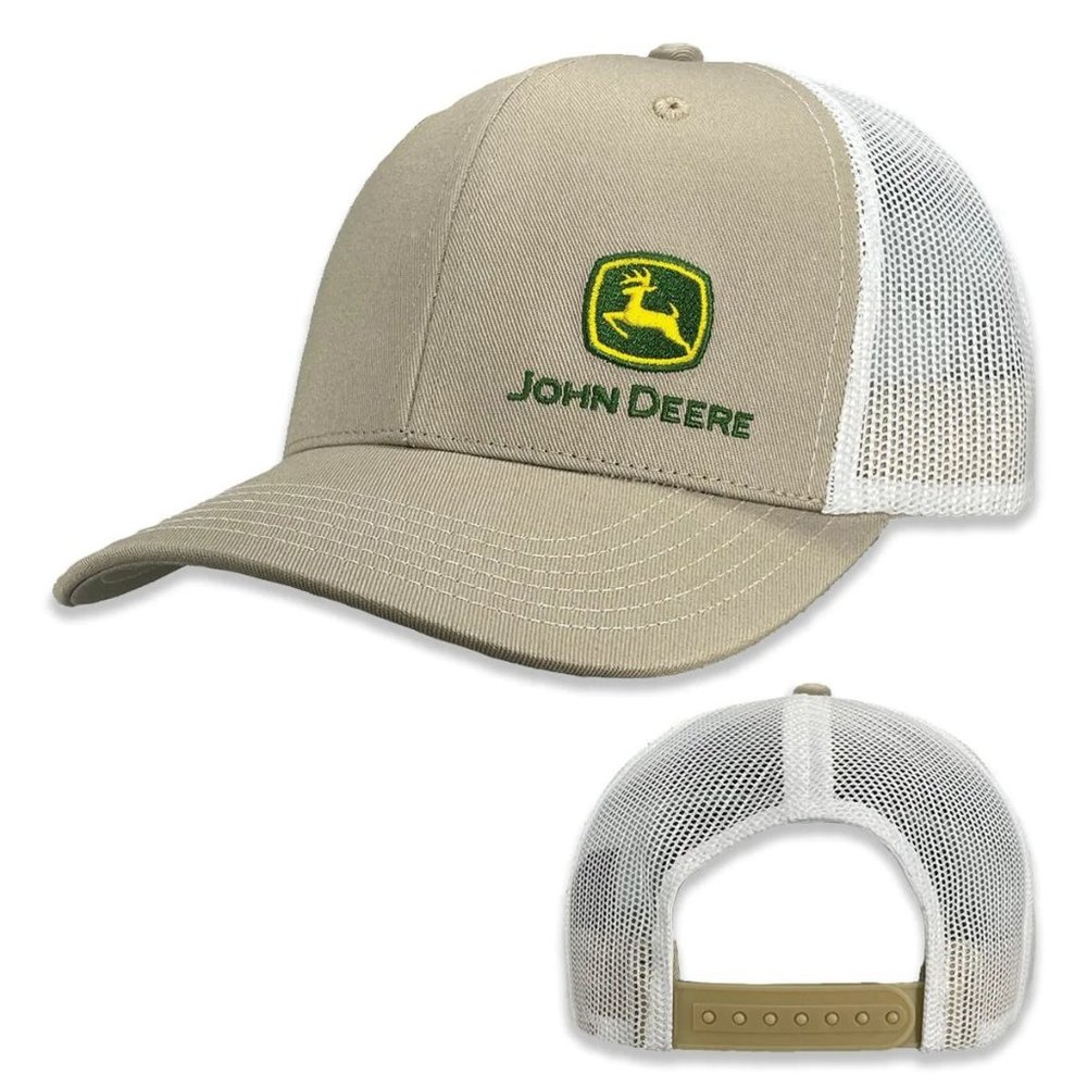 John Deere Moline 112 Khaki Tan White Mesh Side Logo Cap Hat LP82943 NWT
